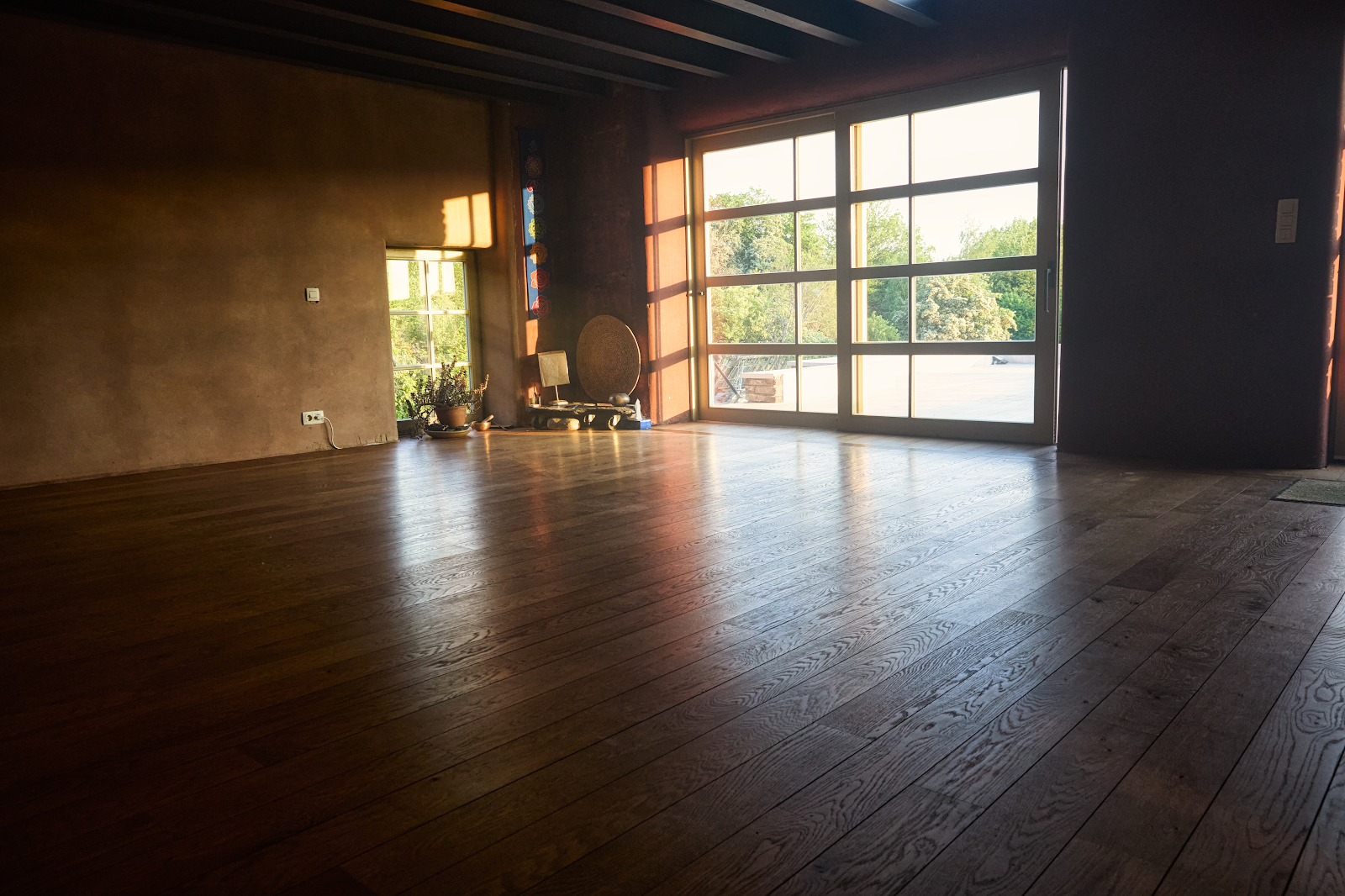 Grande pièce lumineuse avec parquet en bois et large baie vitrée